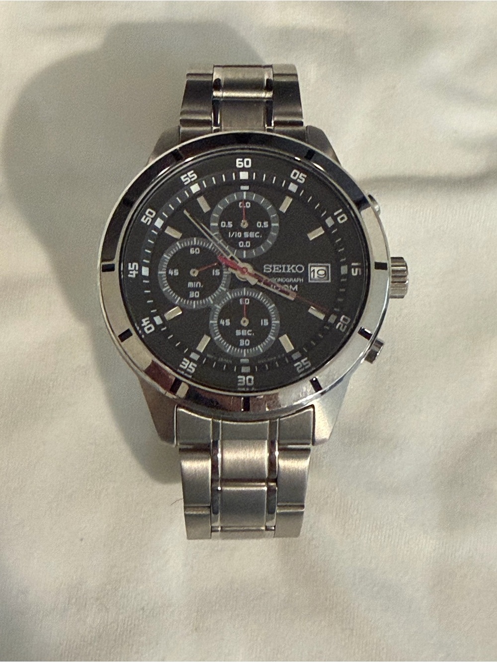 Seiko Silver-Tone Stainless Steel Watch with Black Dial